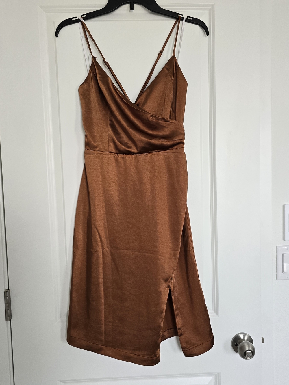 Lulu's Copper Satin Midi Slip Dress with V Neck